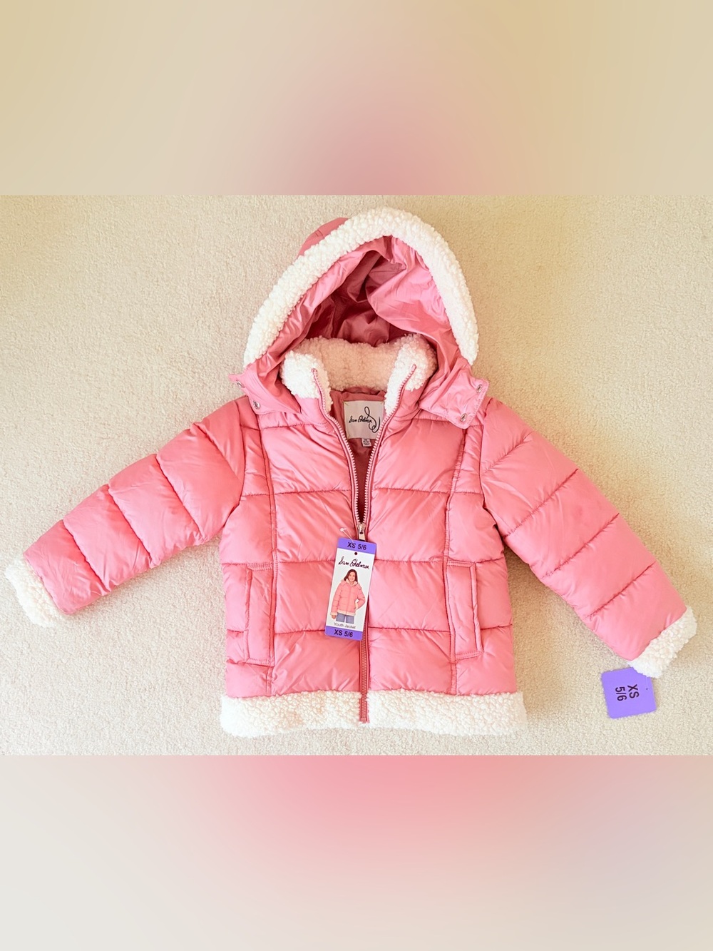NWT Sam Edelman Girls Pink Hooded Puffer Jacket Sherpa Coat Cozy Size XS 5/6